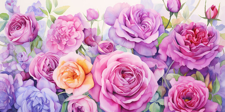 Watercolor picture of various colored roses blooming brightly in the garden.
