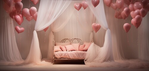 A dreamy canopy bed covered in sheer white curtains, surrounded by heart-shaped balloons in various shades of pink and red.
