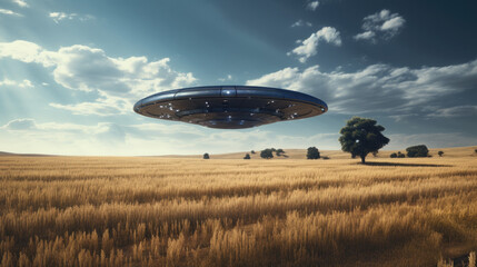 Hovering above a daytime field, a UFO captured in a style of a random observer's perspective.