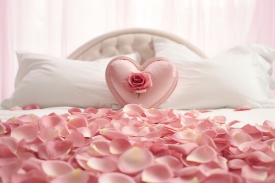 A dreamy image capturing the beauty of rose petals scattered on a bed, arranged delicately in the shape of a heart, embodying love and tenderness.