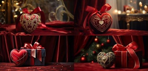 A festive gift box decorated with a heart-shaped bauble, set against a backdrop of lush velvet fabric.