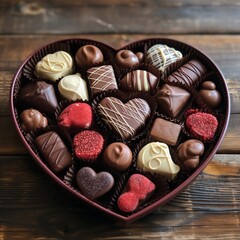 A heart-shaped box filled with assorted chocolates on a rustic wooden table.