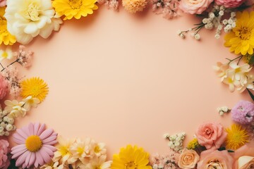 Different flowers on pink background