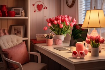 A home office space decorated with heart-patterned stationery, a vase of fresh tulips, and soft ambient lighting for a touch of Valentine's charm.