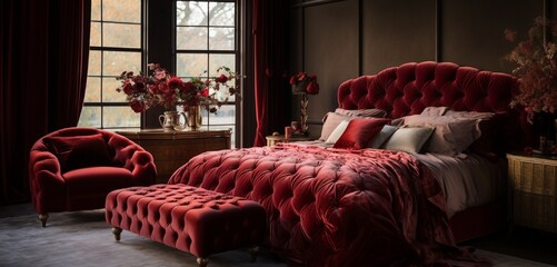 A luxurious bedroom with a velvet tufted headboard. The bed is adorned with rose-themed throw pillows and a plush red blanket.