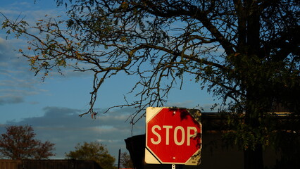 The stop sign under the warm sunset sunlight in the dusk time