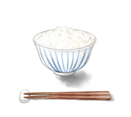 White rice served in a bowl and chopsticks (with shadow), painted with digital watercolor