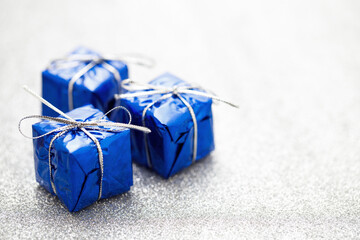 Three blue gift boxes for Christmas decoration