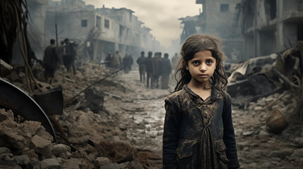 Children of War: Sad Children in a war devastated land, Ai Generative  - obrazy, fototapety, plakaty