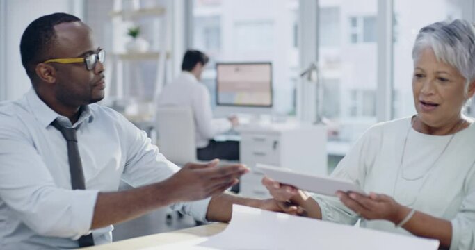 Business people, meeting and tablet in office for planning, design or sharing creative vision, idea or goal. Digital, collaboration and designer team with logo, reveal or online analytics proposal