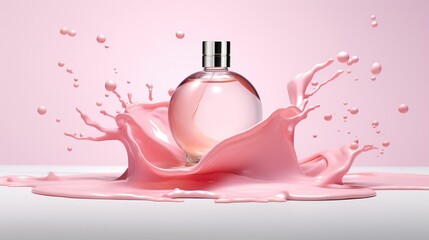 Perfume bottle with pink cherry blossoms on a white background