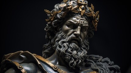 a statue of a man with a beard and a crown of gold leaves