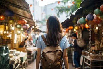 a woman walking down a street with a backpack - obrazy, fototapety, plakaty