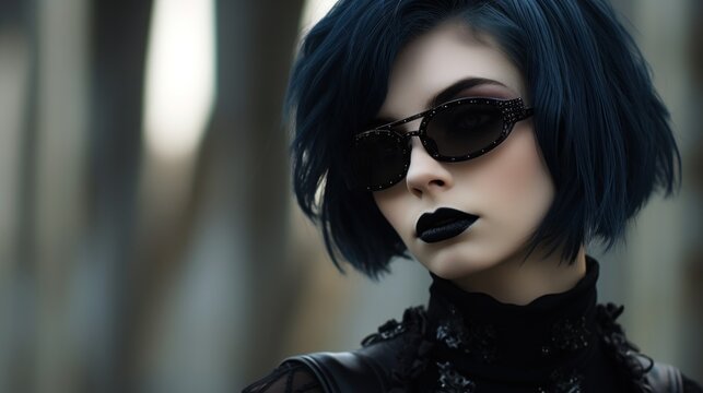 a woman with black hair and black lipstick