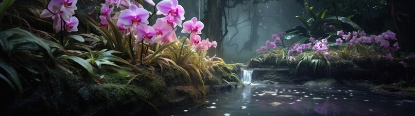 a stream with pink flowers and a waterfall - Powered by Adobe