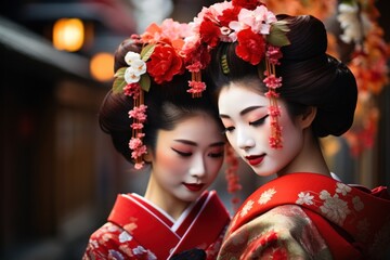two women wearing traditional japanese clothing - obrazy, fototapety, plakaty
