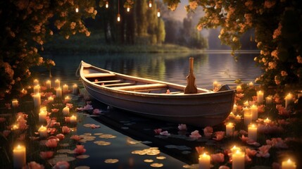 A picturesque rowboat on a tranquil lake, decorated with garlands and surrounded by floating candles. - Powered by Adobe