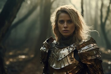 a woman in armor in the woods