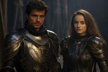 a man and woman in armor - obrazy, fototapety, plakaty