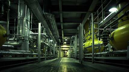 Obraz premium Chemical synthesis, wide-angle shot of an industrial setting where large vats process chemicals, capturing the grand scale of industrial chemistry.