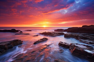 Fototapeta na wymiar a sunset over a rocky beach