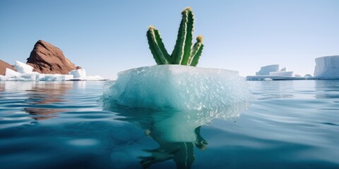 a cactus growing on an iceberg in water - Powered by Adobe