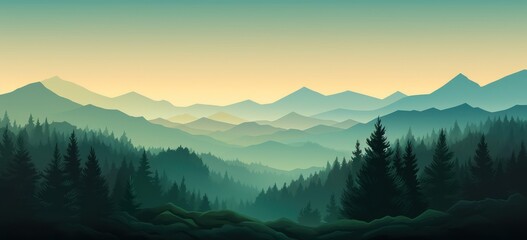 a landscape of a forest and mountains - obrazy, fototapety, plakaty
