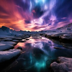a body of water with snow and ice and colorful clouds