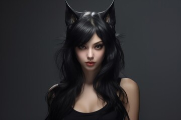 a woman with long black hair and cat ears