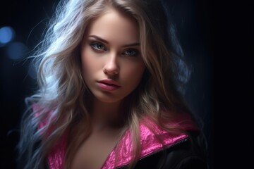 a woman with long blonde hair and pink jacket