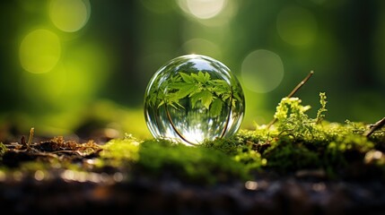 a glass ball with a reflection of plants in it - Powered by Adobe