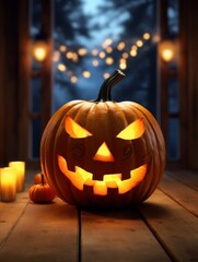 Obraz premium a carved pumpkin with candles on a wooden surface