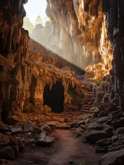 a cave with a tunnel and light shining through