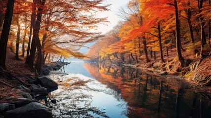 a river with trees and orange leaves