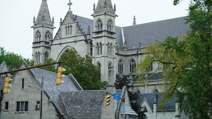The old church buildings view with the tower and old designation 
