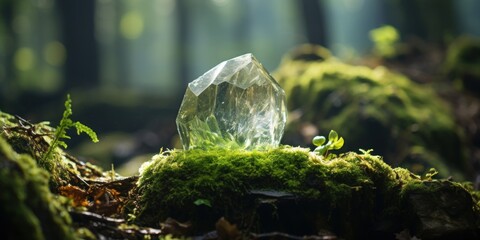 a crystal on a mossy surface