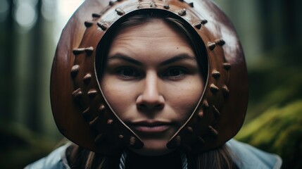 a woman wearing a leather helmet