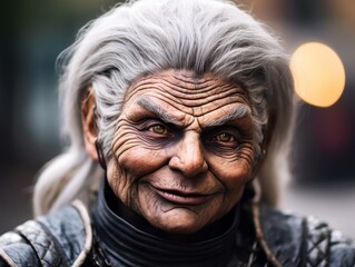 a person with white hair and a black collar