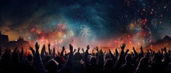 Crowd celebrating with fireworks display at night. Festive event and celebration.