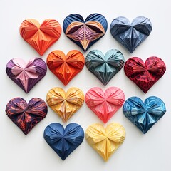 A series of heart-shaped origami folded from vibrant patterned paper.