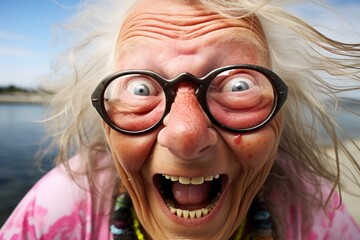 a close up of a woman with glasses