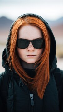 a woman with red hair wearing sunglasses