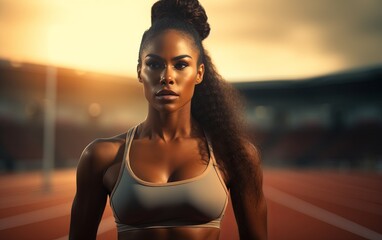 Fit African American girl jogging at the stadium. AI
