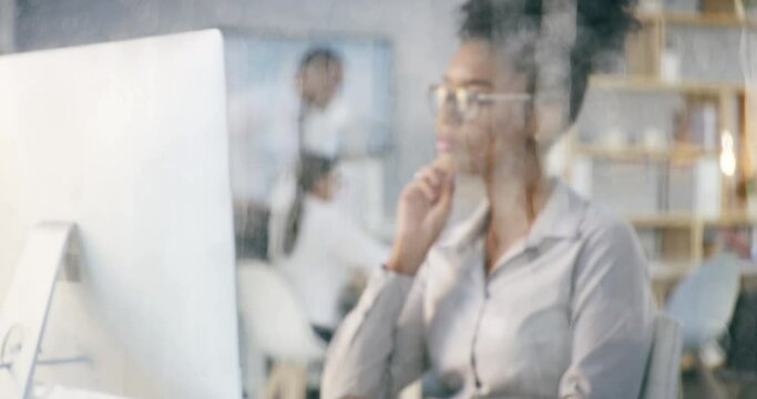 Thinking, computer and business woman in office for planning, research or typing proposal on rainy day. .Brainstorming, idea and lady email marketing manager online for problem solving or solution