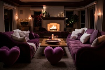 A sophisticated living room with plush velvet sofas, adorned with heart-shaped throw pillows, and soft, dimmed lighting for a romantic Valentine's Day evening.