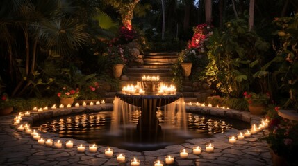 A stunning garden fountain with water cascading into heart-shaped pools surrounded by candle-lit pathways.