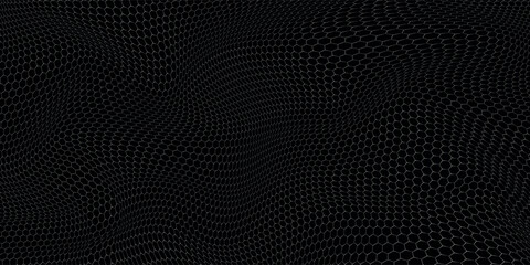 Dark grey abstract wide horizontal banner with hexagon carbon fiber grid and orange luminous lines. Technology vector background with orange neon lines - obrazy, fototapety, plakaty