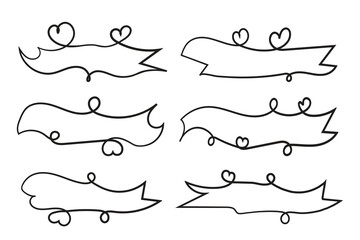 Valentine Day curly hearts style calligraphy outline ribbon, Hand drawing Calligraphic heart ribbon vector banner, Decorative hearts romantic love text banner, heart scroll Line outline ribbon