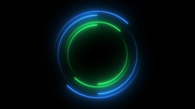 Light blue green neon lines circles rotating animation on dark background. Seamless loop