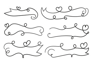 Valentine Day curly hearts style calligraphy outline ribbon, Hand drawing Calligraphic heart ribbon vector banner, Decorative hearts romantic love text banner, heart scroll Line outline ribbon - obrazy, fototapety, plakaty